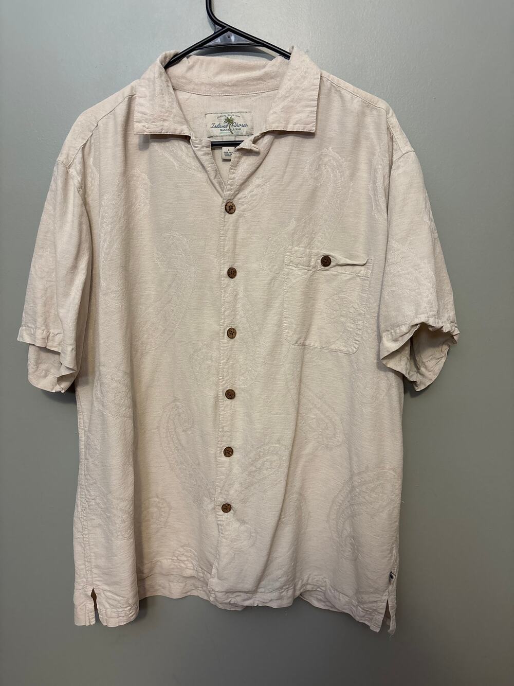 Island Shores Shirt Adult Extra Large Beige Paisely Washable Silk Button Up Sz L